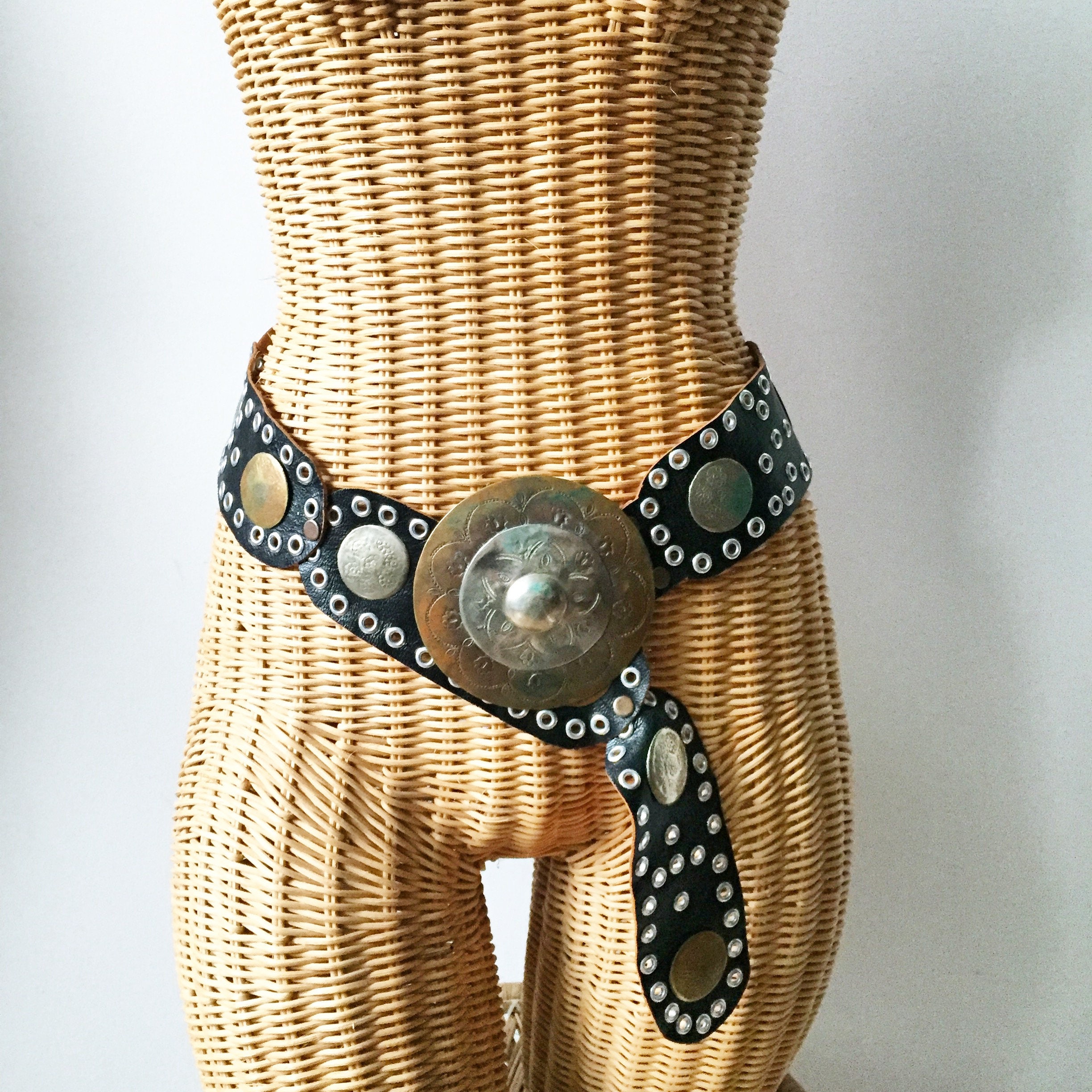 Vintage Moroccan Leather and Metal Belt , Oversize BOHO Belt