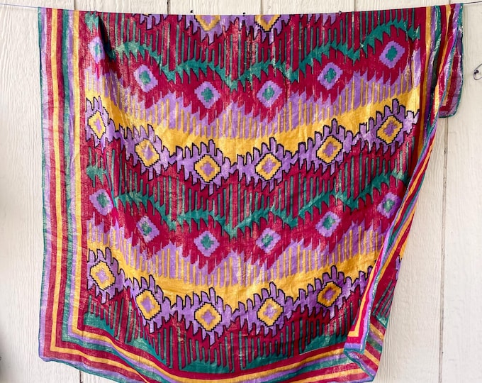 Vintage Indian Gauze Lurex Oversize  Scarf - Tribal Print Colorful Scarf , Ethnic Bohemian Wrap, Festival Scarf , Beach Sarong