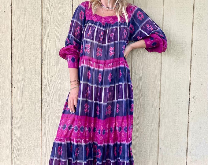 Vintage Ikat Print Indian Cotton Gauze Dress , Ethnic Textile Dress , Hand Loomed Cotton Dress, Pink Purple Boho Dress