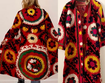 Vintage Ethnic Embroidered Duster Coat, Uzbek Ceremonial  Coat , Embroidered Duster Coat