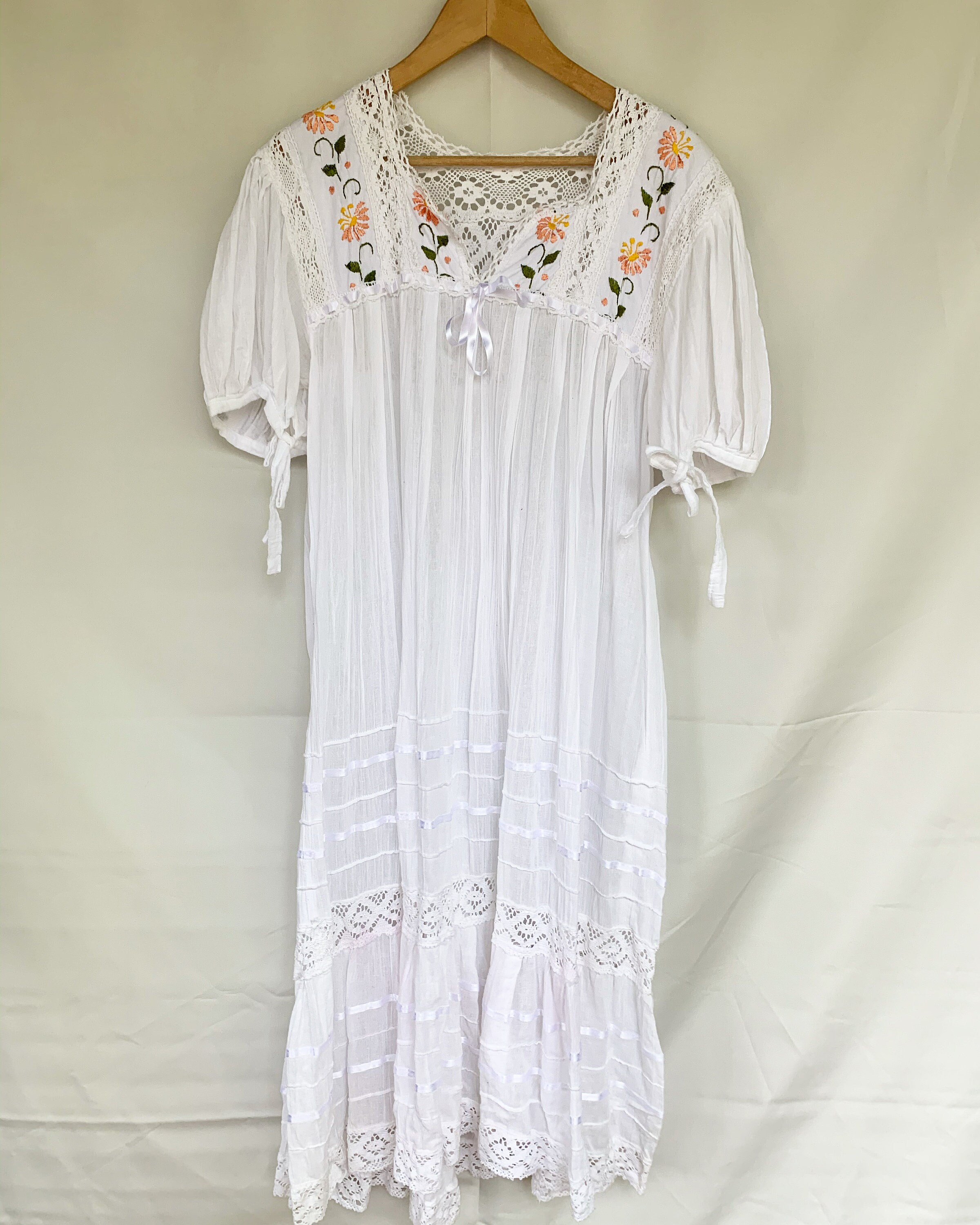 Vintage Mexican Gauze Dress, Ethnic Lace Dress , Balloon Sleeve Dress ...