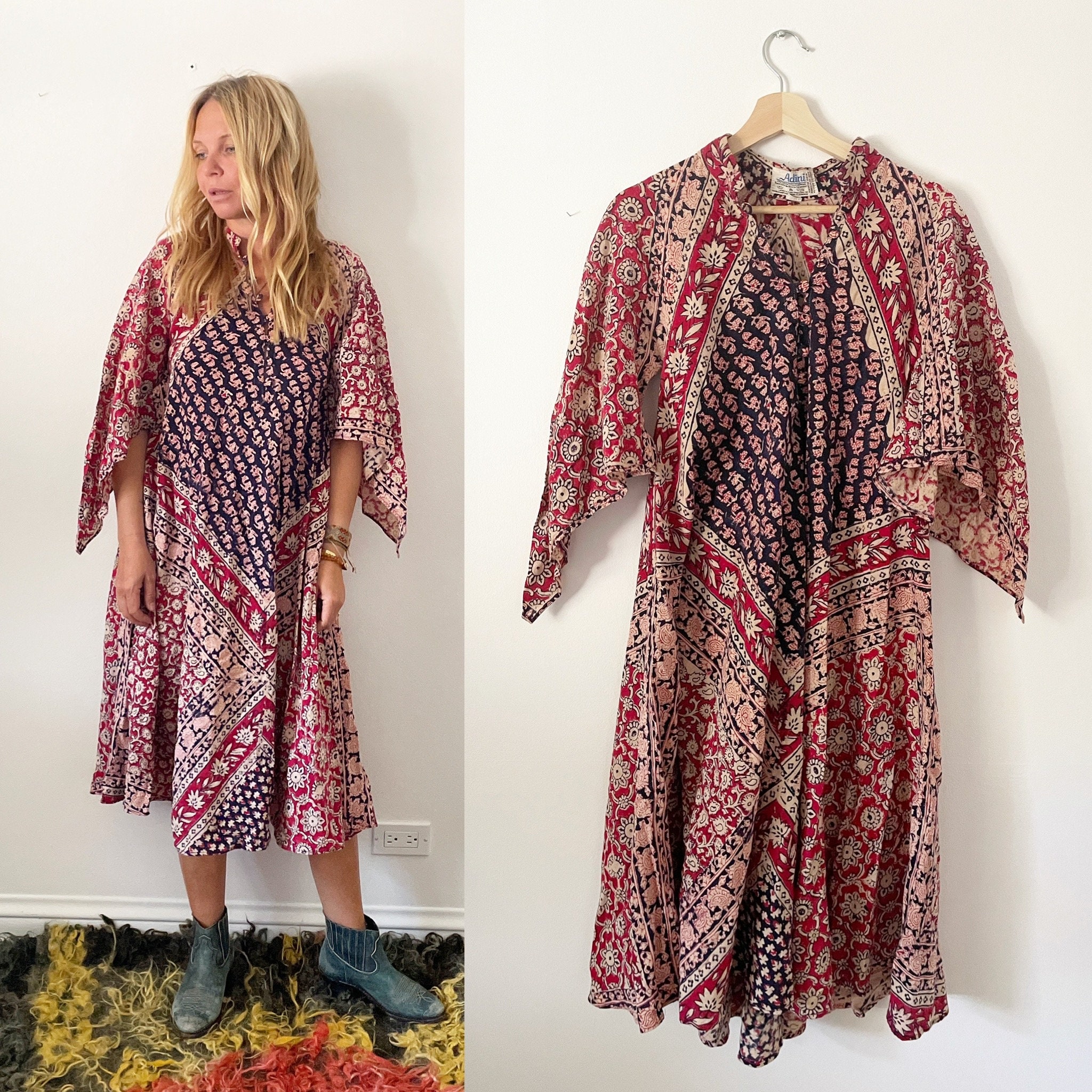 Vintage 70s ADINI Block Print Caftan India Kaftan Block Print Floral India Kaftan Angel Sleeve Phool Maxi Dress