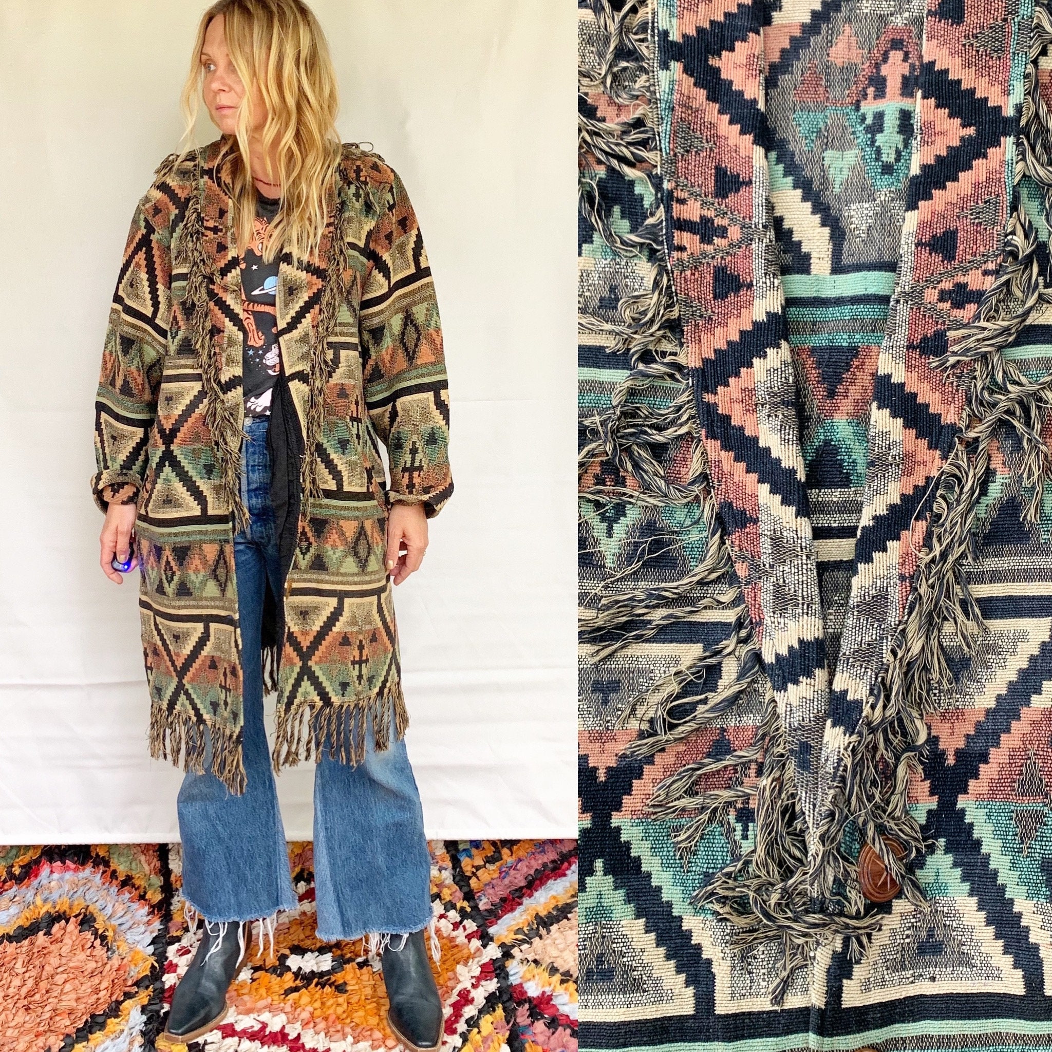 Vintage Southwestern Blanket Tapestry Jacket , Fringed BOHO Coat