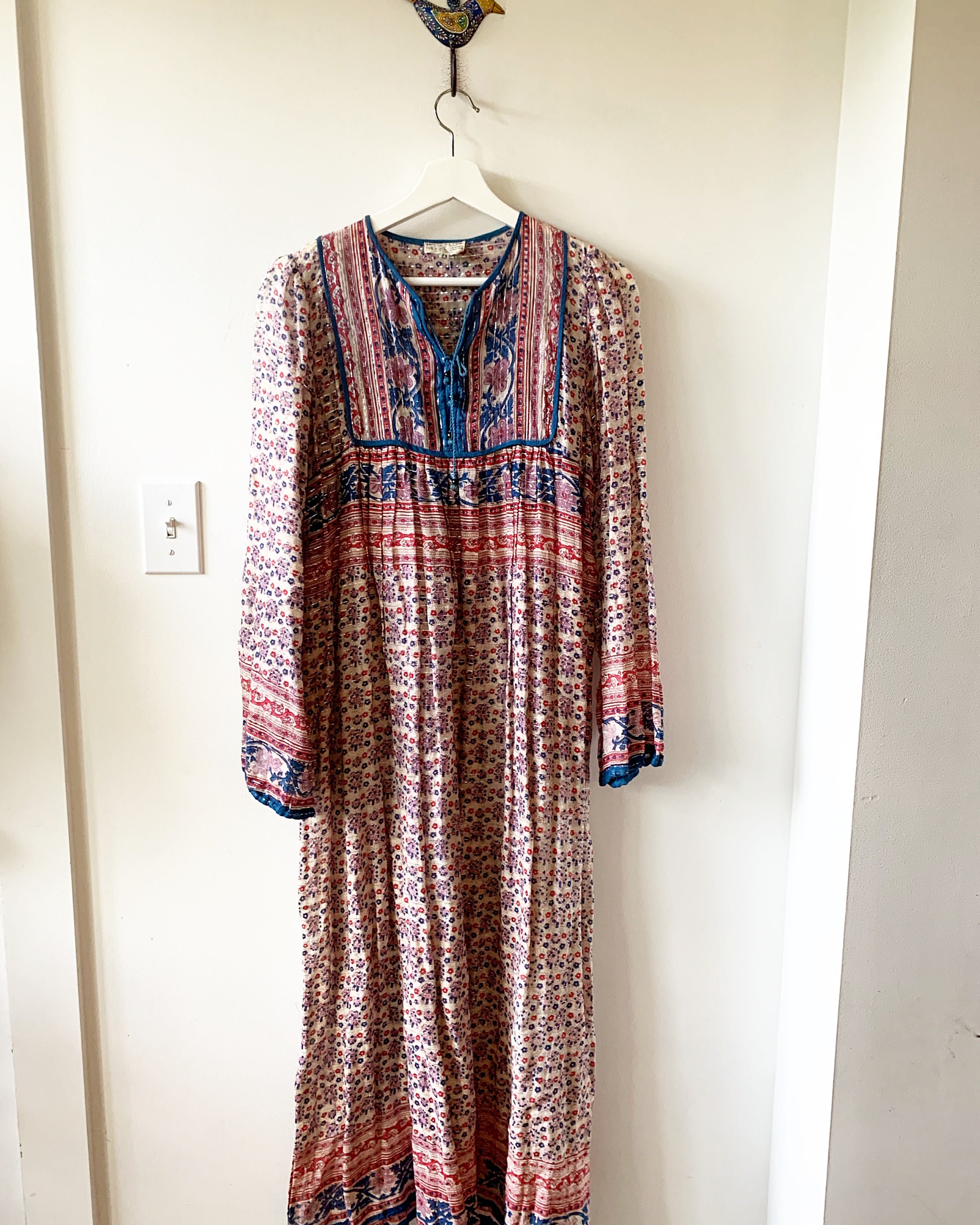 Vintage India Cotton Gauze Dress , Indian Cotton Kaftan , Lurex Gauze