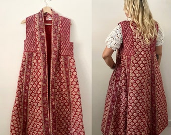 Vintage PHOOL Quilted Maxi Vest , Phool Block Print Quilted Duster , Indian Quilted Padded Vest , Quilted Gauze Duster, Indian Quilted Vest