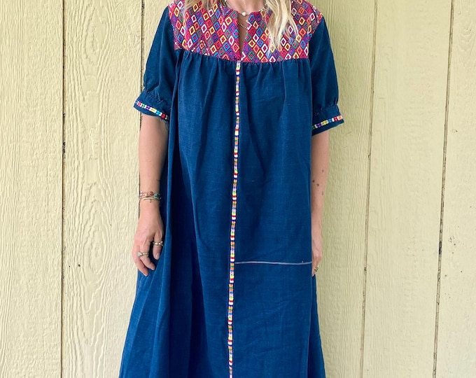 Vintage Guatemalan Hand Loomed Indigo Dress , Embroidered Huipil Dress , Ethnic Caftan , Tapestry Dress Maxi Dress , Guatemalan Dress