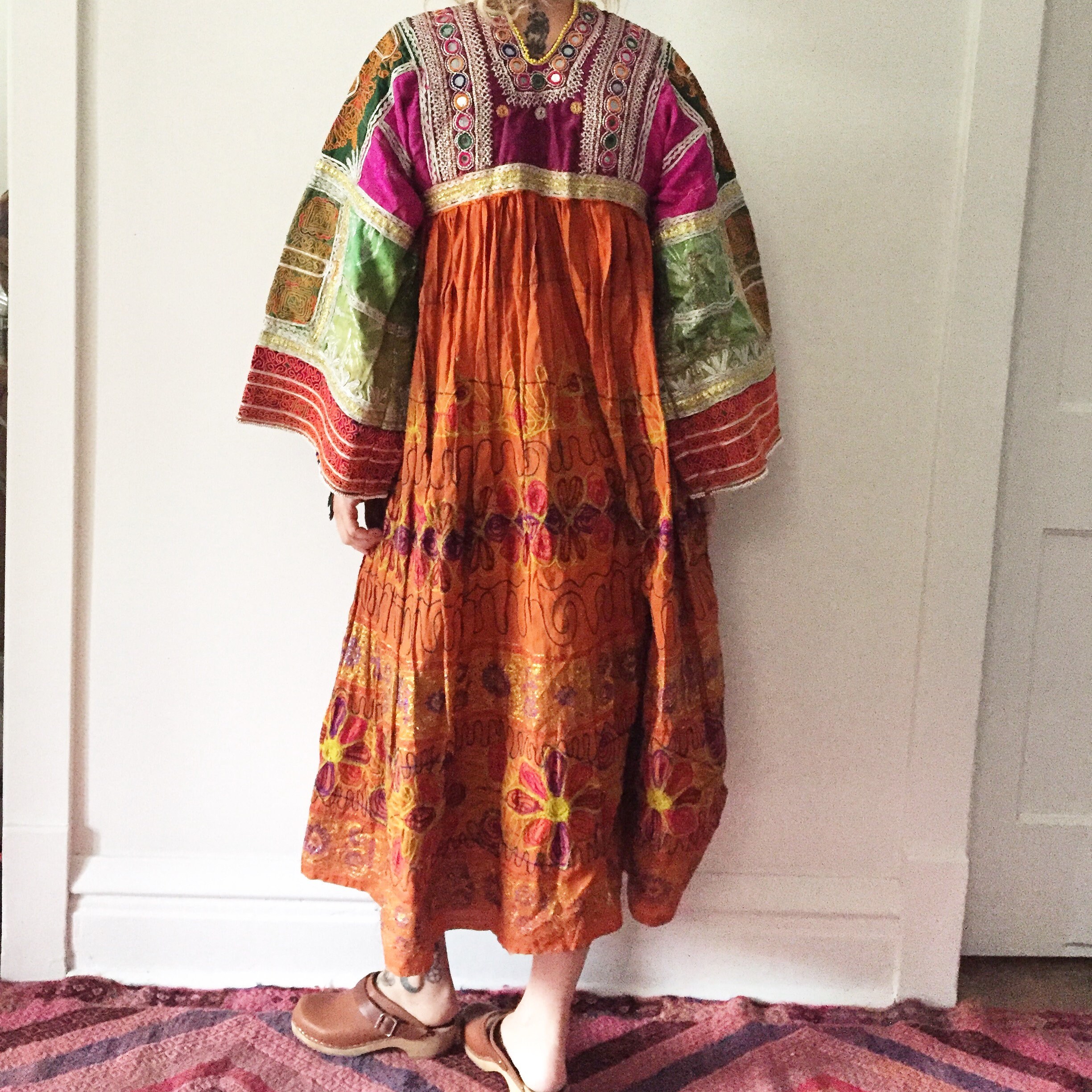 Vintage Kuchi Tribal Dress , Embroidered Beaded Silk Afghan Midi Dress