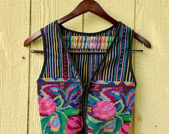 Vintage Guatemalan Ikat Vest , Hand Loomed Ethic Vest , Ikat Waist Coat , Cotton Embroidered Vest