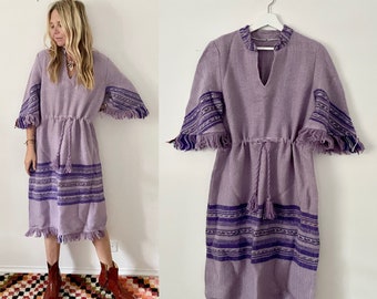 Vintage Loomed Ethnic Caftan , Ethnic Midi Dress , Hand Loomed Kaftan