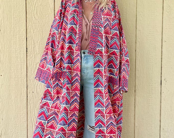 Vintage Indian Block Print Long Duster- India Block Print Maxi Duster , Open Front Duster, Bohemian Duster, Block Print Cotton Indian Robe