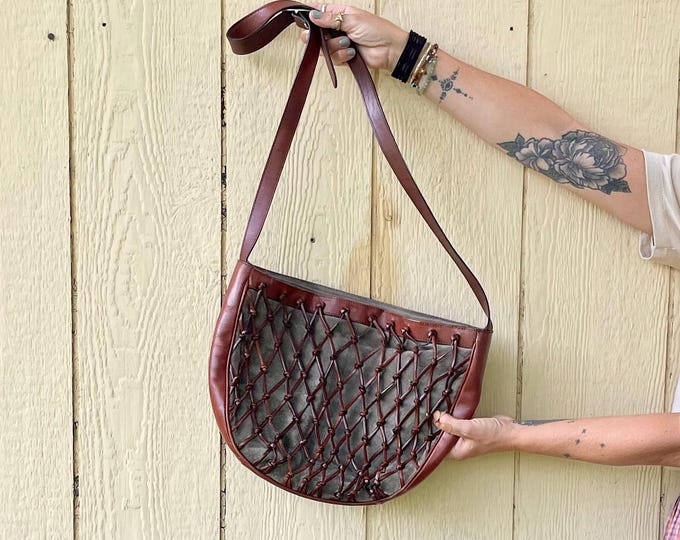 Vintage 80s Woven  Leather and Suade Bag , Leather Shoulder Bag , Braded Leather Cross Body Bag