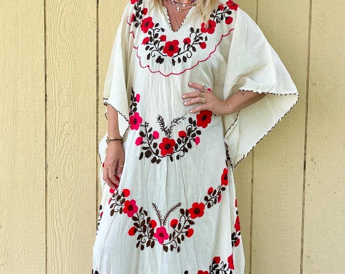 Vintage Mexican Hand Embroidered Cotton Gauze Kaftan- Cotton Gauze Embroidered Kaftan , Mexican Floral ,Bohemian Beach Kaftan