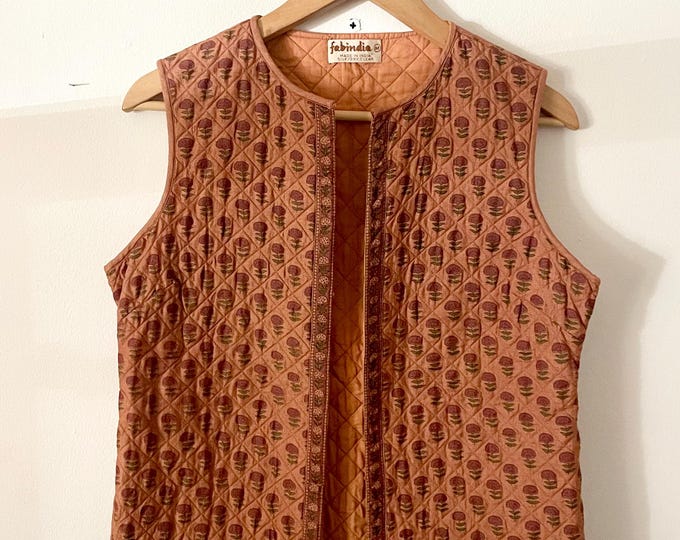 Vintage Fabindia Silk Vest , India Block Print Silk Vets, Quilted Silk Vest , Orange Vest
