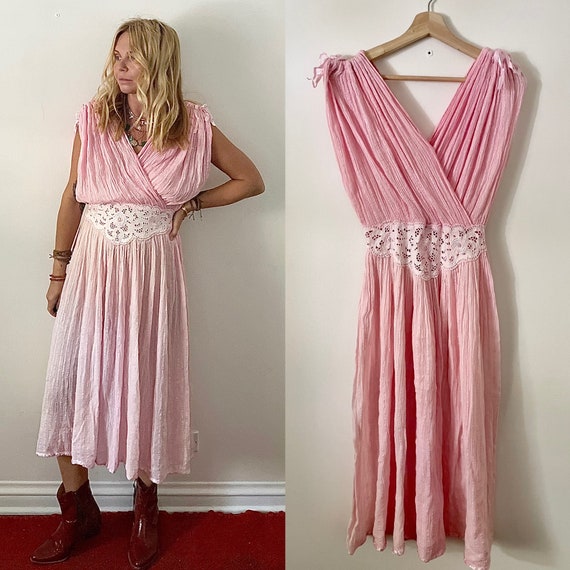 Vintage Grecian Gauze Midi Dress , Pink Sun Dress , S… Gem