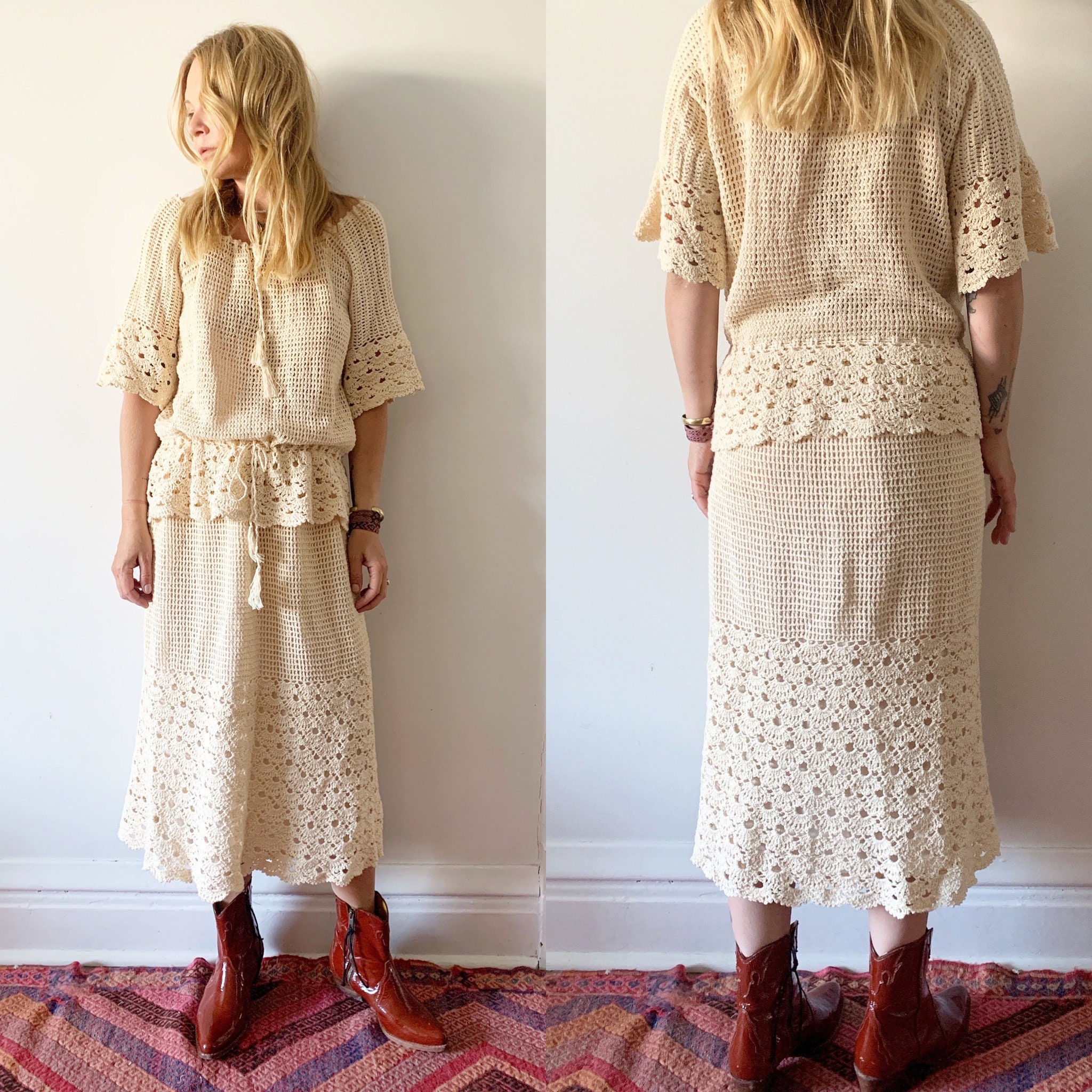 Vintage Crochet Midi Set , Vintage Knit Dress