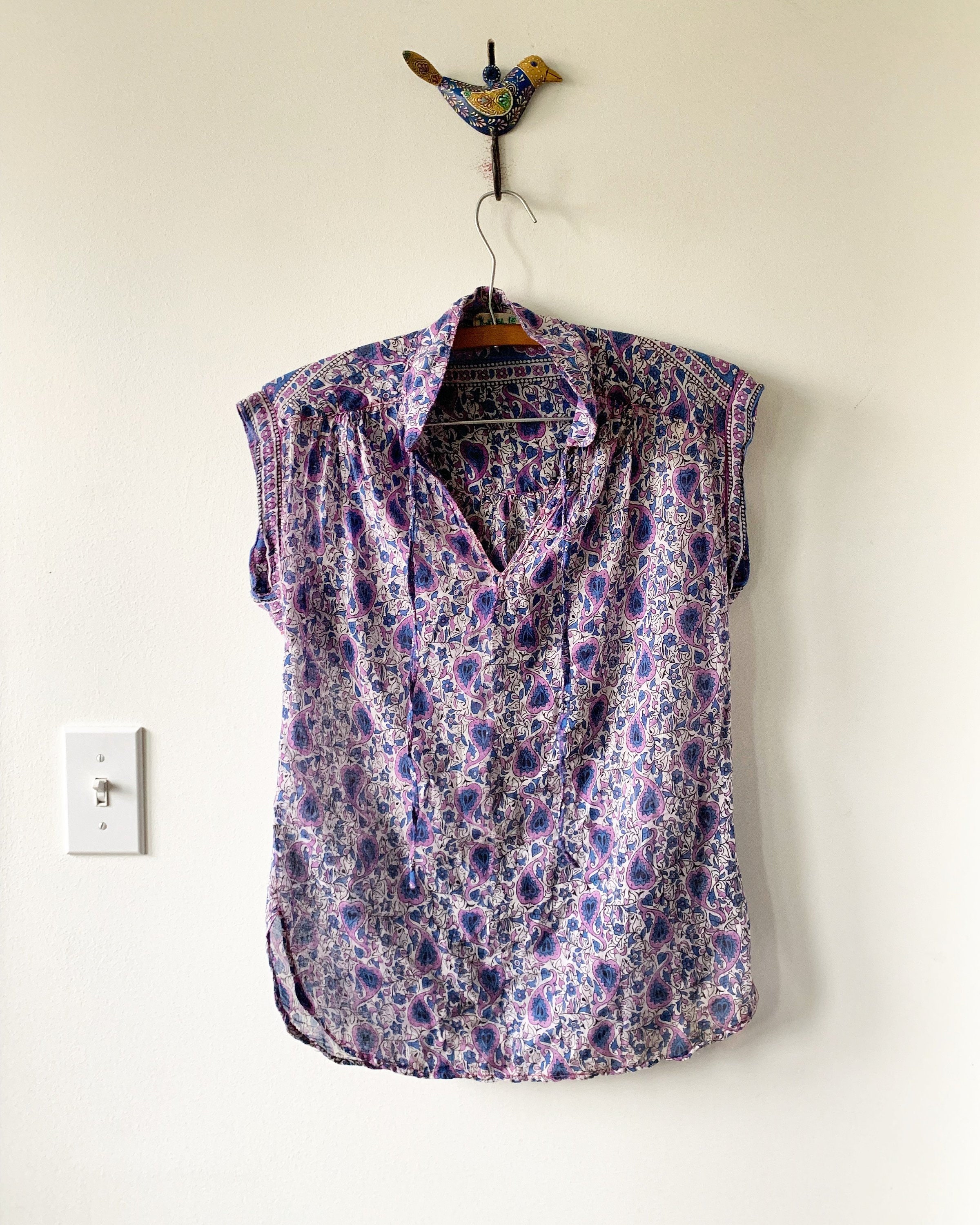 Vintag India Cotton Gauze Blouse , Indian Block Print Top