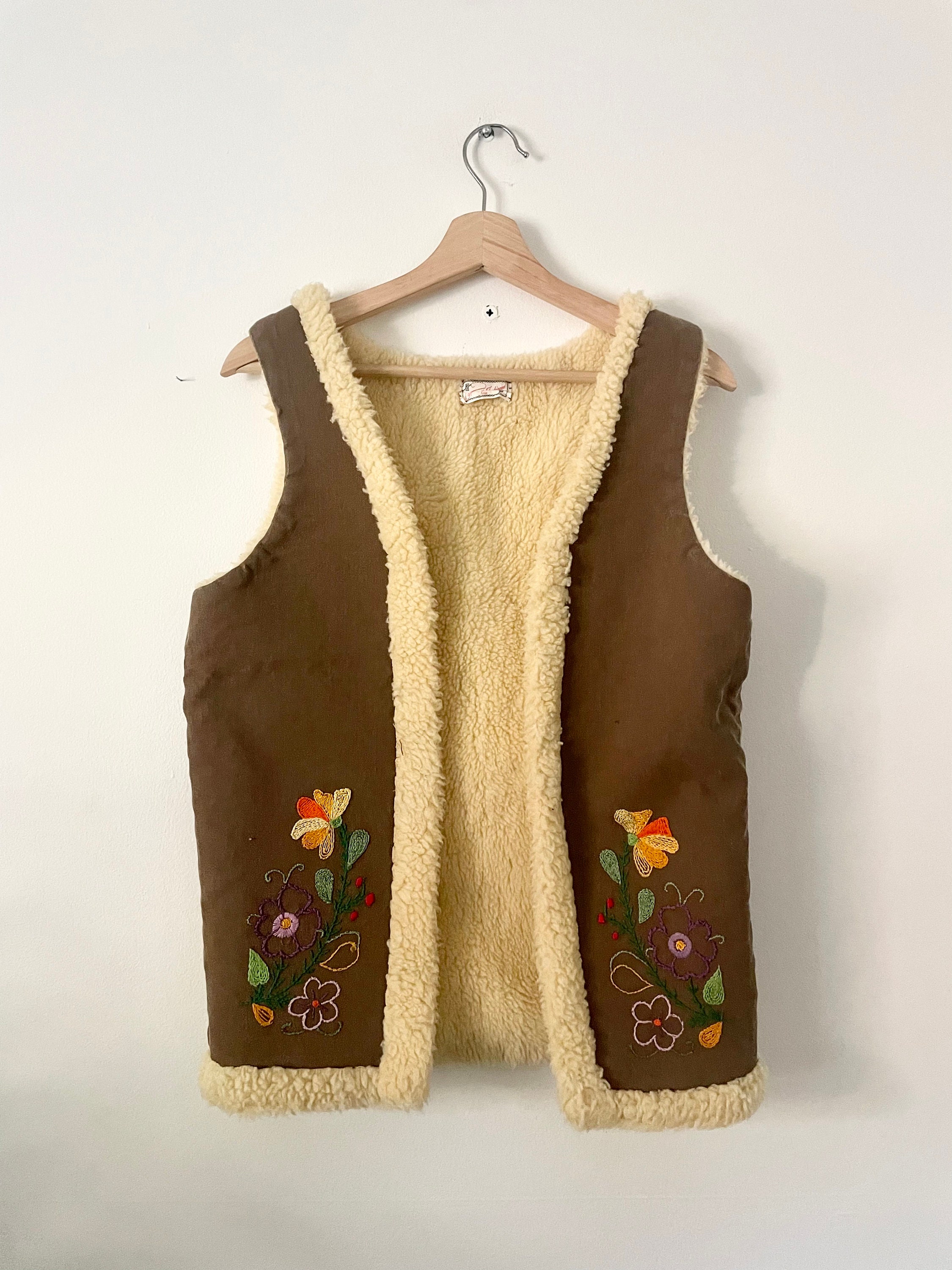 Vintage 70s Embroidered Shearling Vest , Canvas Embroidered Gilet