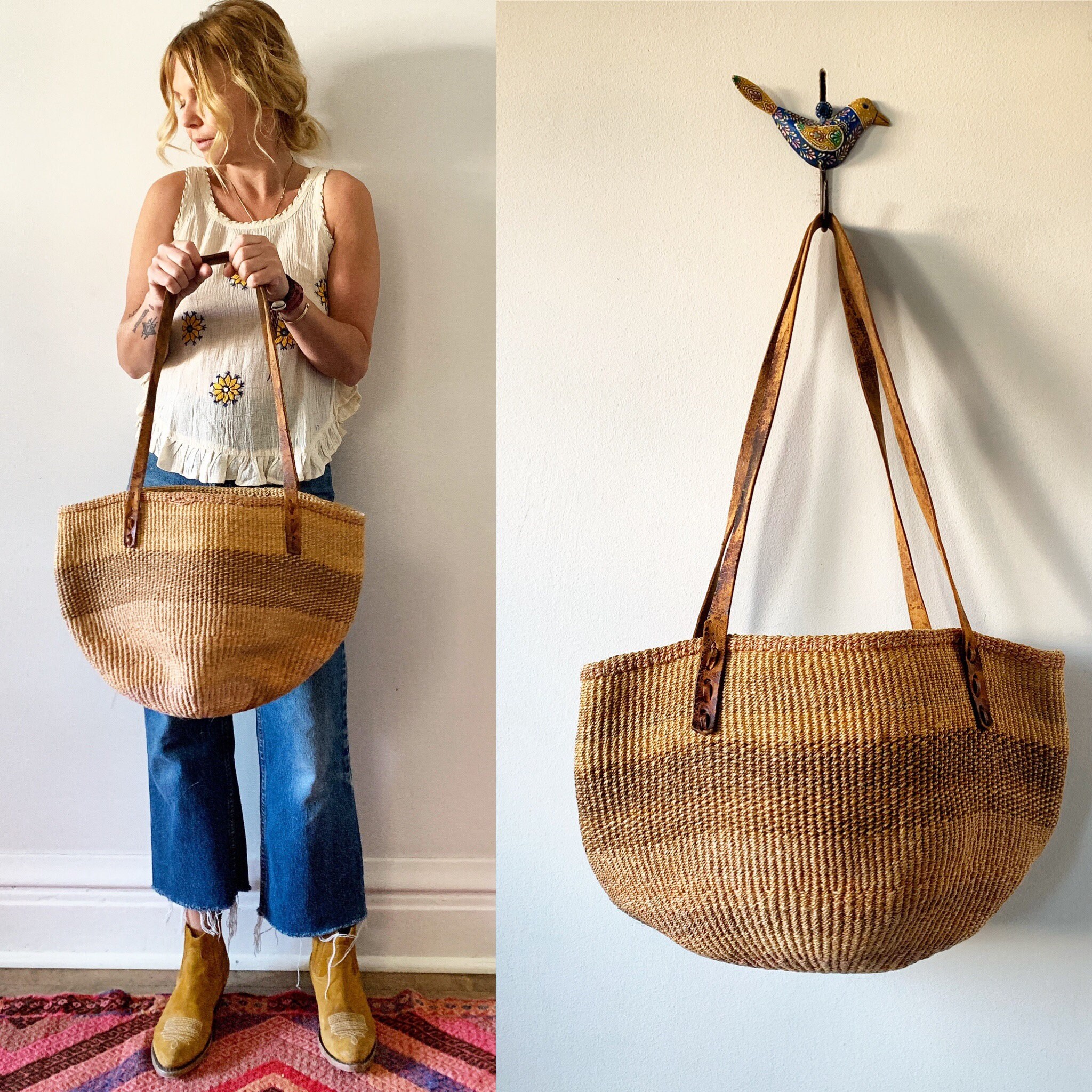 Vintage Sisal and Leather Market Bag , Ethnic Straw Straw Bag