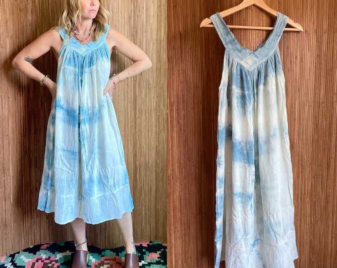 Rare Vintage Naturally Dyed Mexican Cotton Dress - Hand Dyed Blue Midi Sundress
