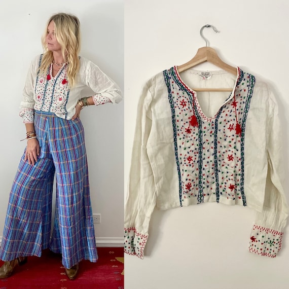 Vintage 70s Hand Embroidered Indian Shirt India Cotton Gauze Blouse Indian Top India Top