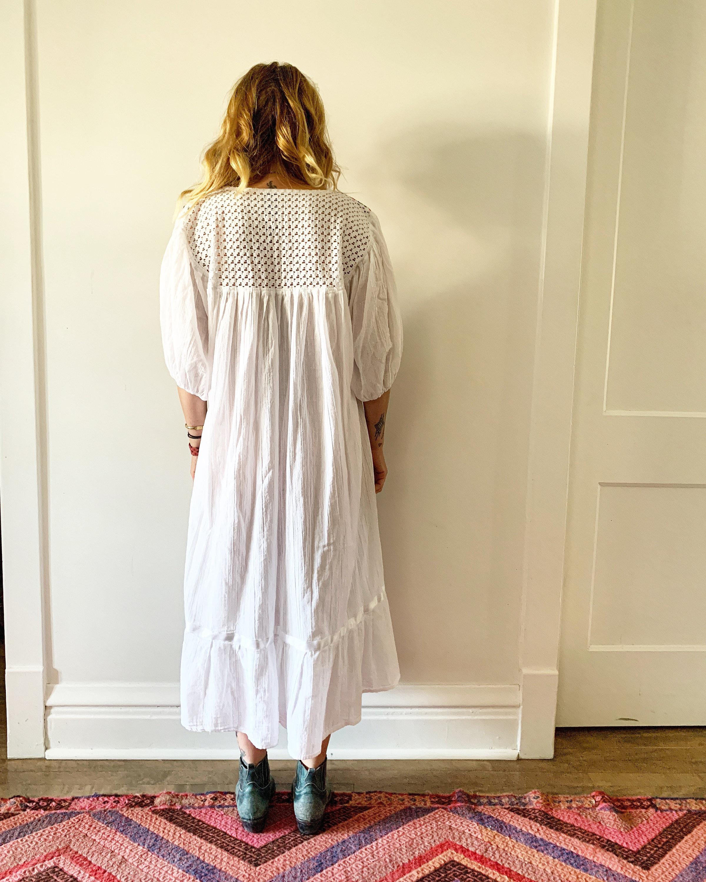 Vintage Mexican Gauze Dress, Ethnic Lace Dress , Balloon Sleeve Dress