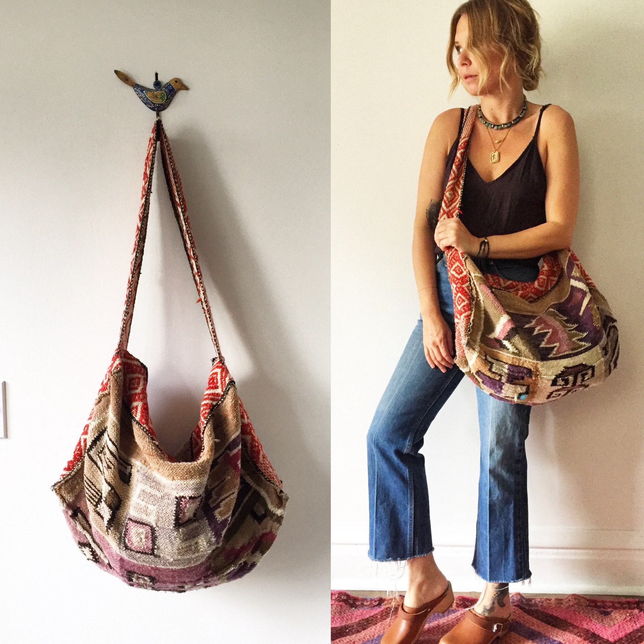 Vintage Peruvian Blanket Bag , Ethnic Wool Travel Bag , Oversize Carpet