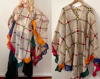 Vintage Afghan Crochet Cardigan , Oversize Hippie Sweater , Chunky Poncho