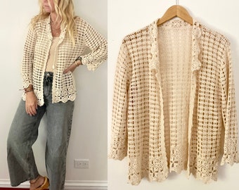 Vintage Ivory Cotton Crochet Button Up Top Top, Hand Crochet Layering Jacket , Resort Jacket