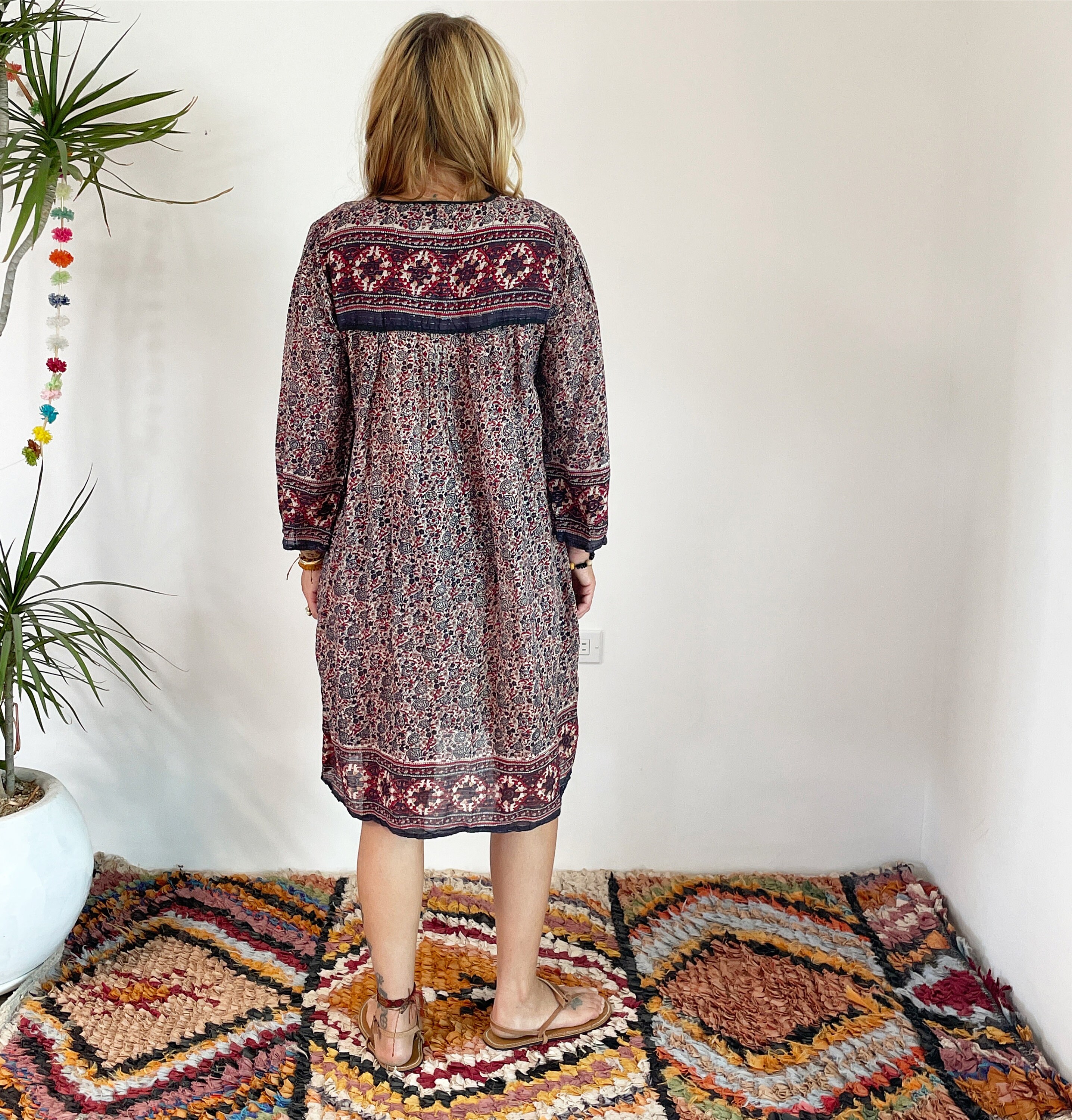 Vintage India Cotton Gauze Dress , Indian Cotton Kaftan , Lurex Gauze