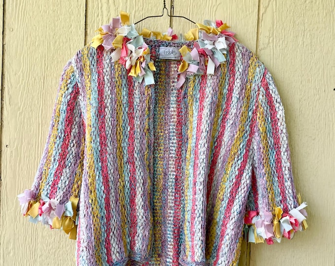 Vintage Rare Estelle Mix Knit Top ,Multicolor Rainbow Ribbon Jacket ,  Fiber Art Mix Knit Sweater , Estelles Cardigan, Woven Statement Cardi