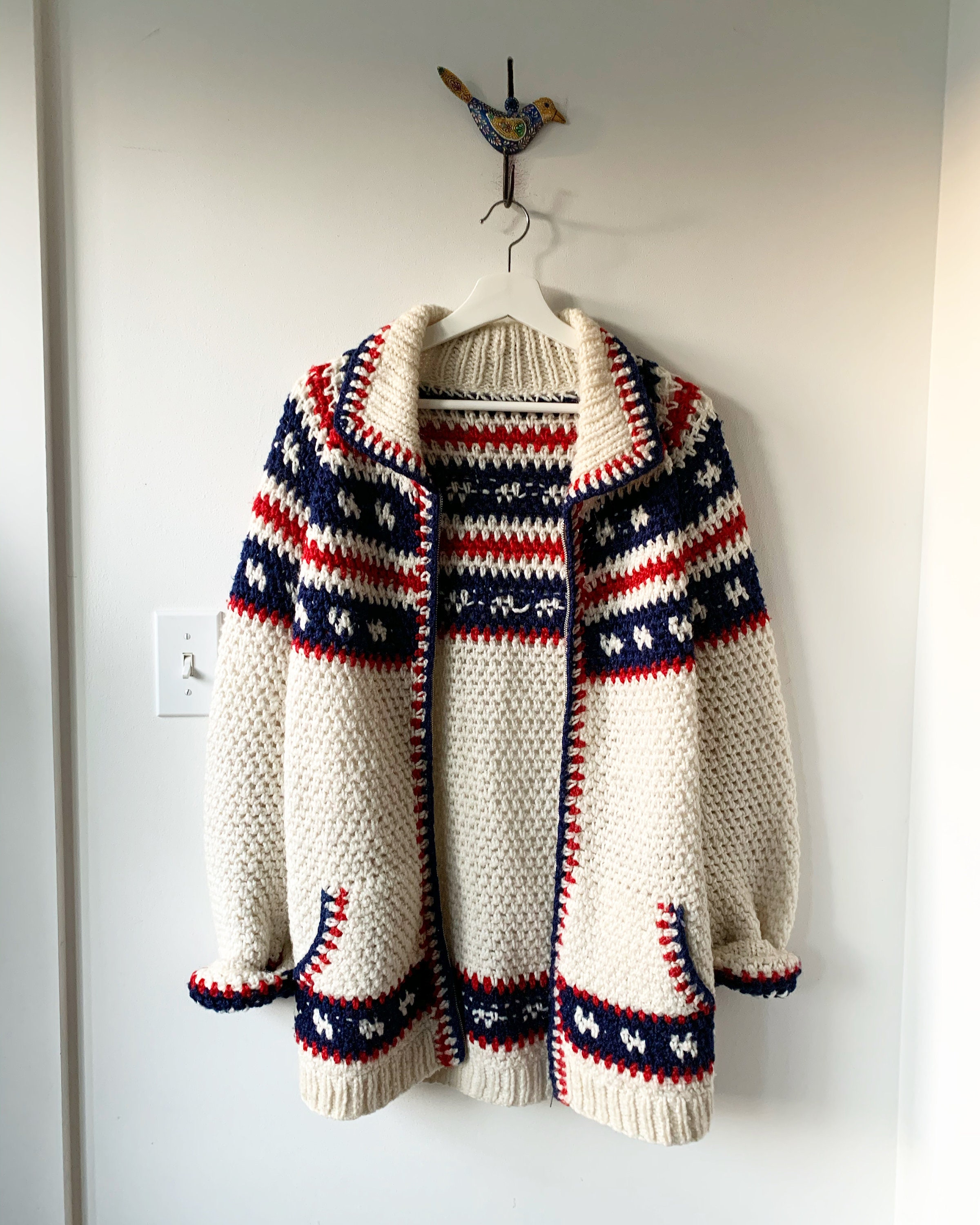 Vintage Afghan Crochet Cardigan , Oversize Hippie Sweater , Afghan