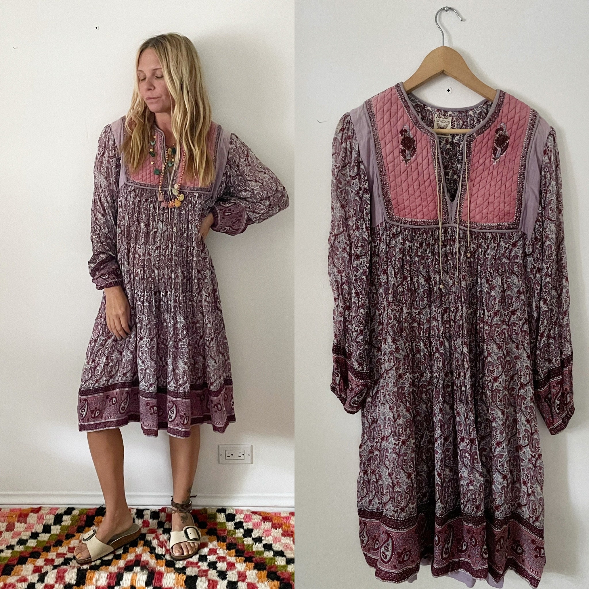 Vintage India Cotton Gauze Dress , Indian Cotton Kaftan , Papillon Gauze Maxi Dress