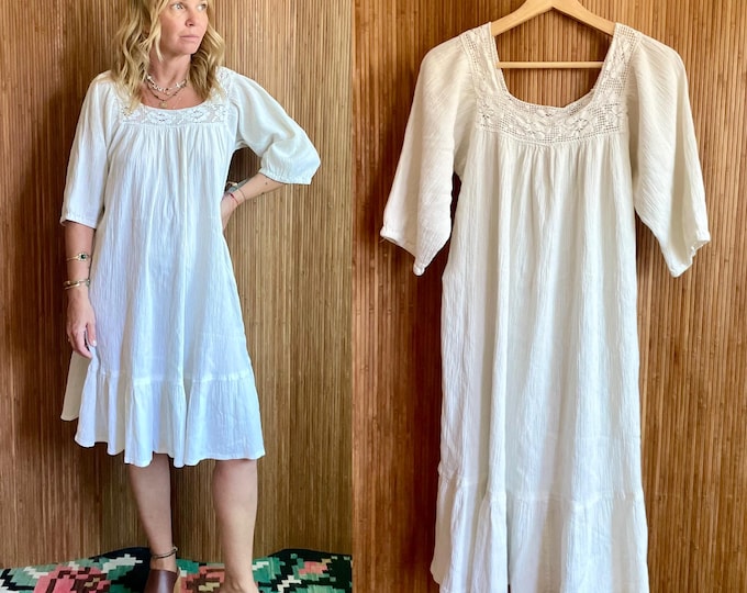Vintage Cotton Crochet Top Dress - Crochet Lace BOHO Midi