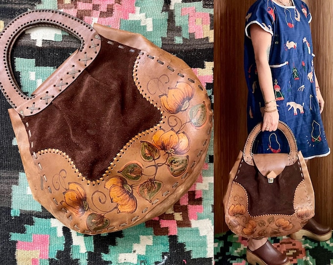 Vintage 70s Hand Painted Leather & Suede Artisan Bag - Oversized Boho Mexican Folk Purse