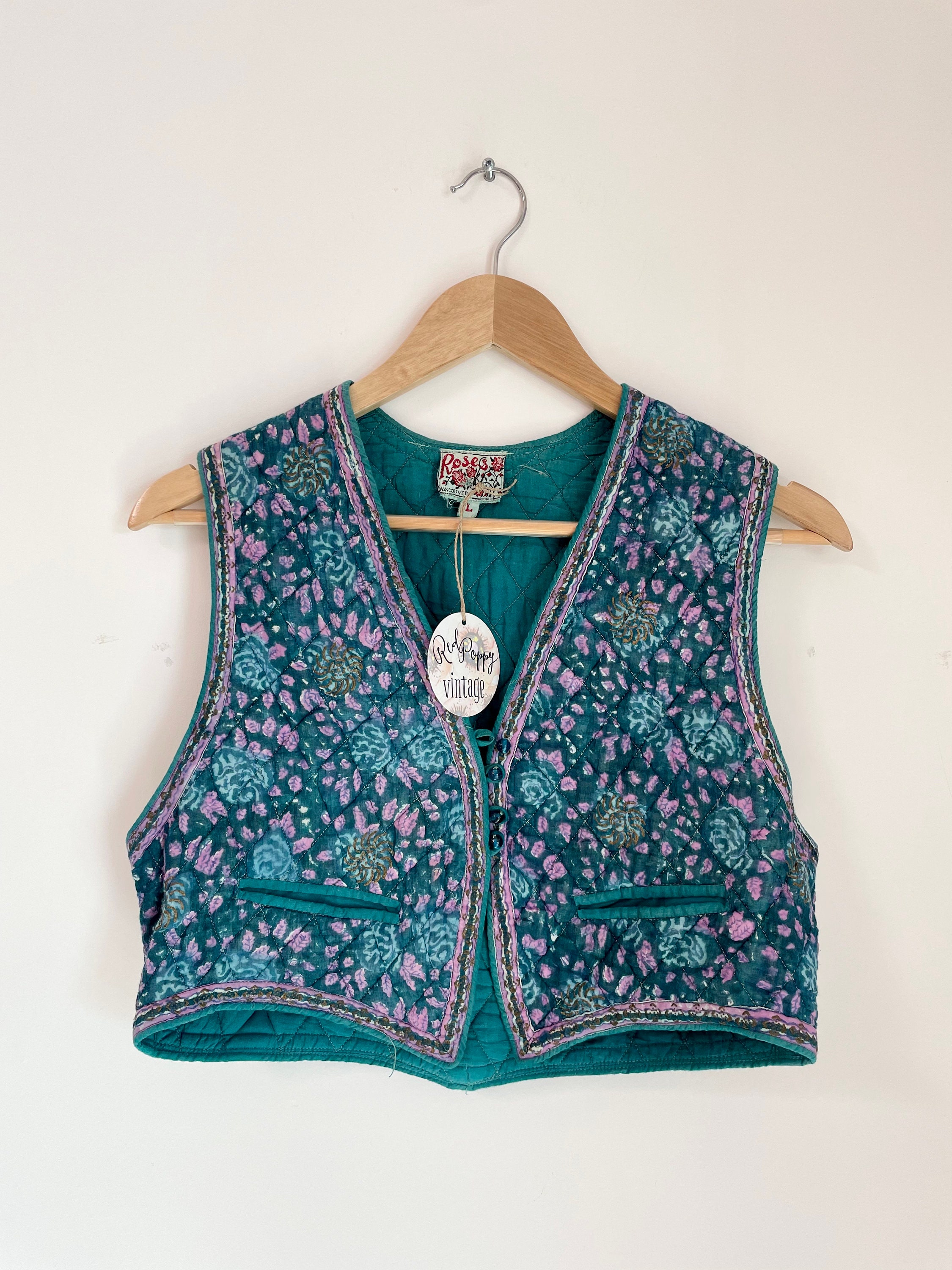 Vintage Indian Cotton Block Print Quilted Blue Vest , India Block Print