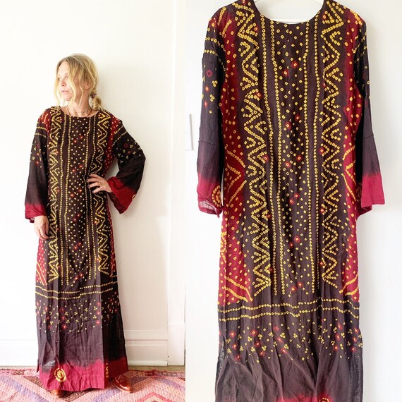 Vintage 70s Indian Cotton Batik Kaftan , India Bat
