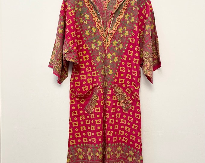 Vintage 70s Cotton Block Print Caftan , India Kaftan , Block Print Floral India Kaftan