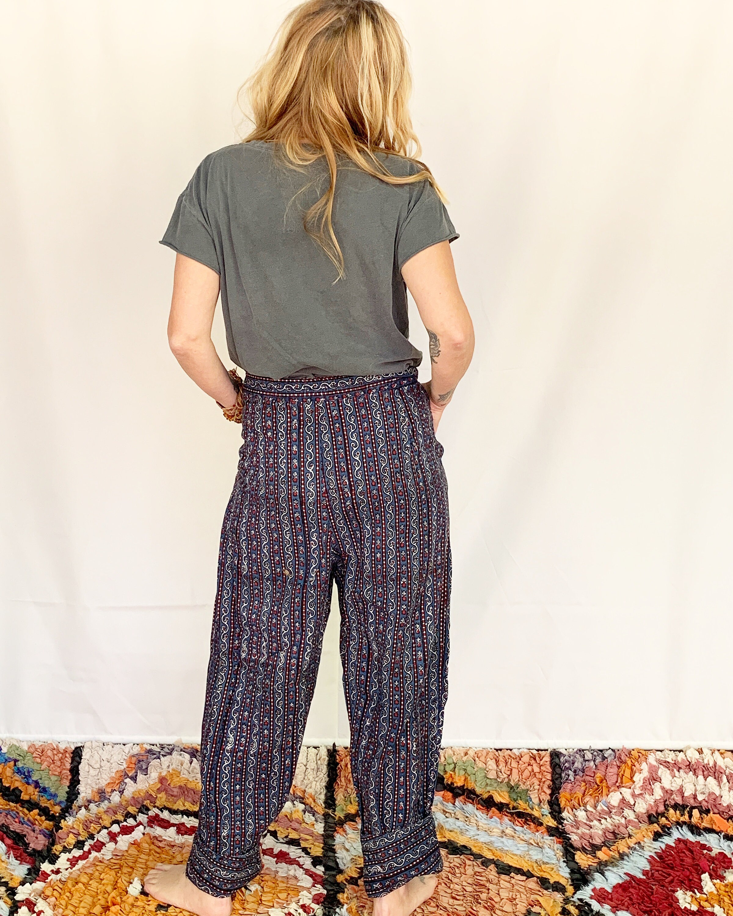 【時間指定不可】 Pants Print Block Anokhi Vintage , Pants India Crotch Drop パンツ