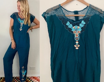 Vintage Indonesian Jumpsuit , Bali Lace Embroidered Playsuit