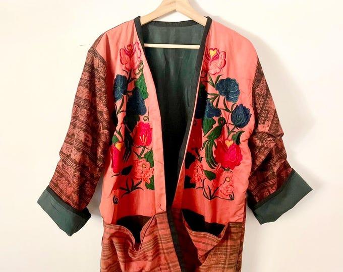 Vintage Guatemalan Ikat Jacket  , Huipil Embroidered Coat , Ethnic Kimono Jacket , Floral Embroidered Ikat Jacket