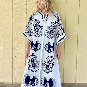 Vintage 60s Hand Embroidered Peacock Kaftan: Bohemian Maxi Dress