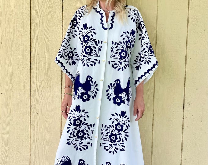 Vintage 60sMexican Hand Embroidered Peacock Kaftan , Ethnic Embroidered Kaftan , Embroidered Bohemian Peacock Duster ,Embroidere Maxi Dress