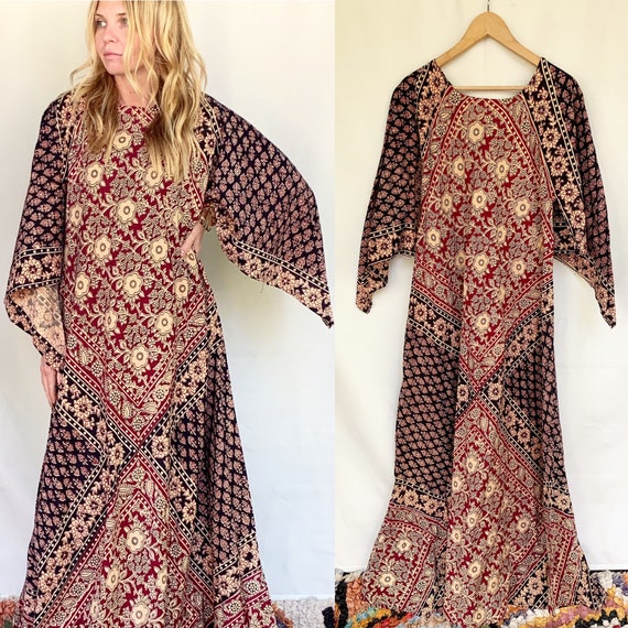 Vintage 70s KAISER Block Print Caftan , India Kaf