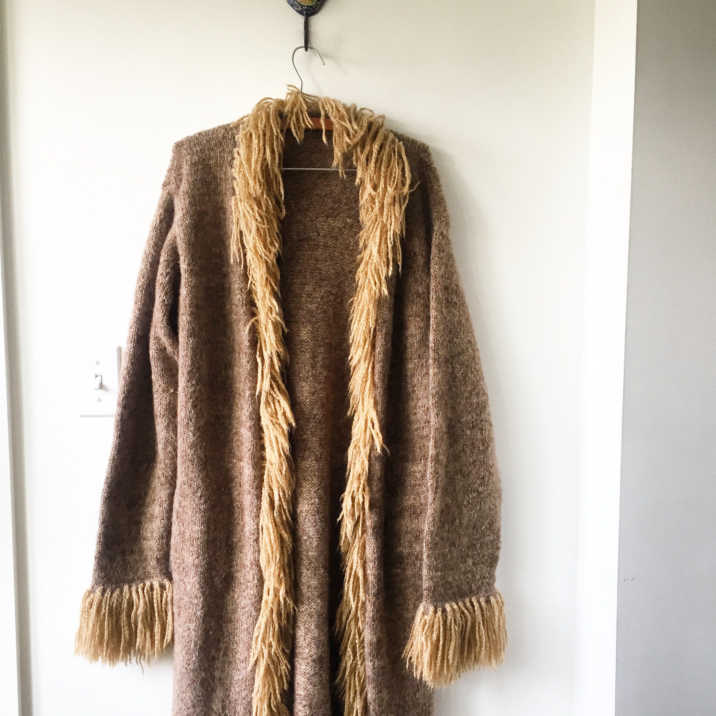 Vintage Alpaca Wool Maxi Cardigan , Faux Fur Long Cardigan , Sweater Coat