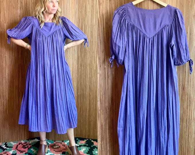 Vintage Purple Trapeze Dress - Balloon Sleeve BOHO Midi