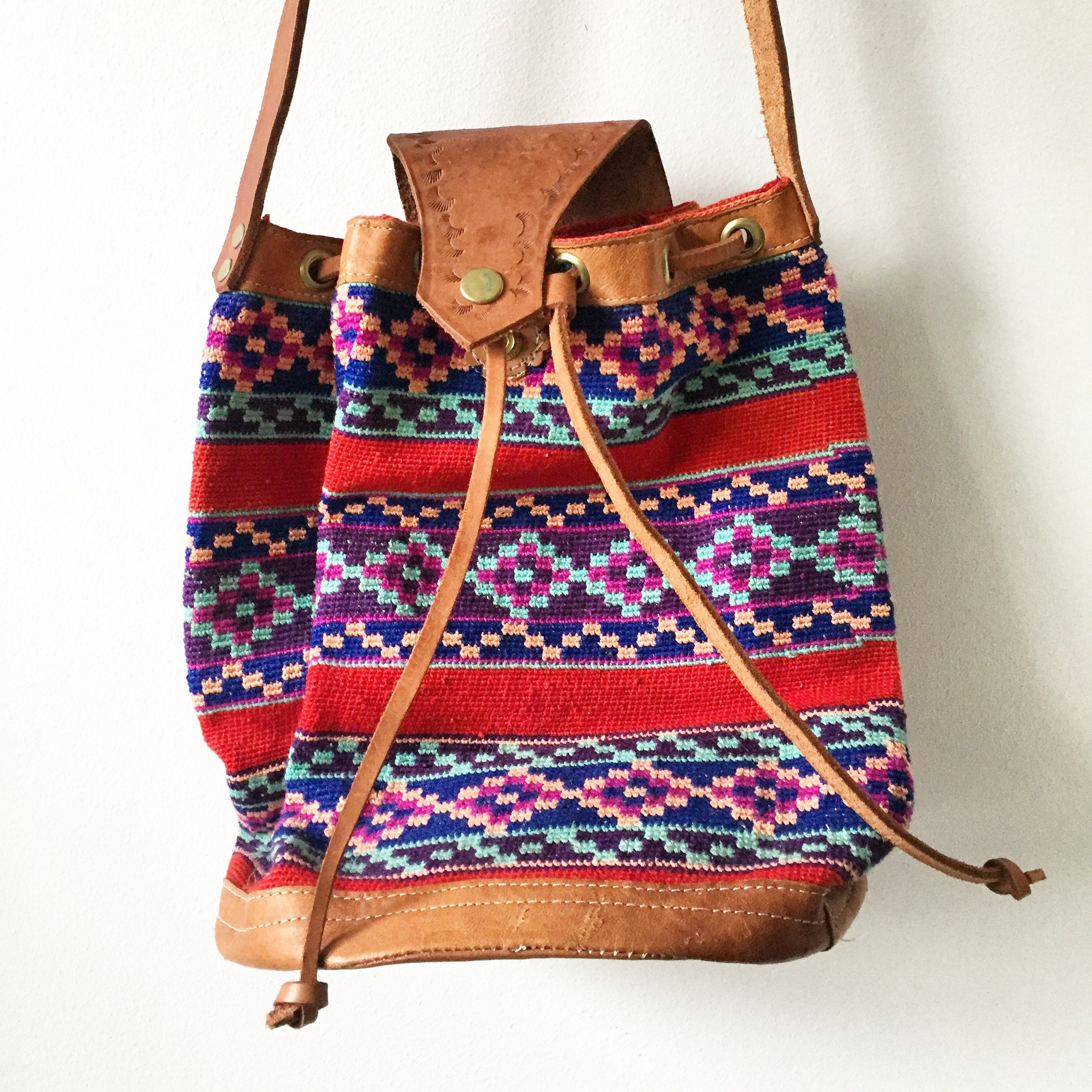 Vintage Ethnic Woven Bucket Bag, Leather Textile Bag , Crochet Leather ...