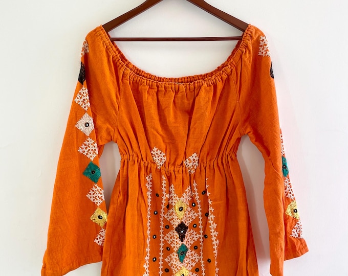 70s Hand Embroidered Indian Cotton Mini Dress: Vintage Resort Wear