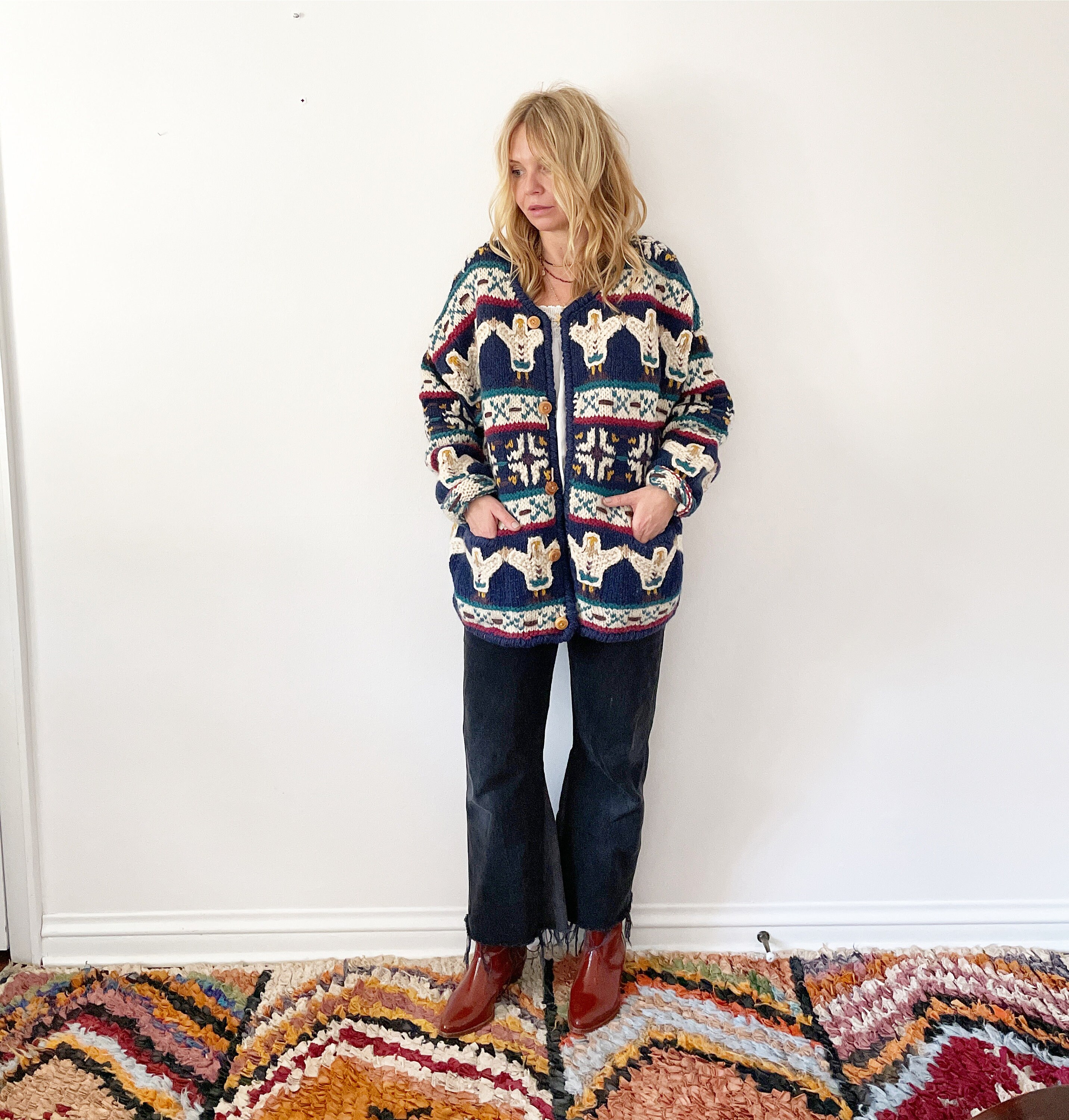 Vintage Ethnic Hand Knit Wool Cardigan , Ecuadorian Wool Sweater ...