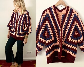 Vintage Afghan Crochet Cardigan , Granny Square Oversize Hippie Sweater