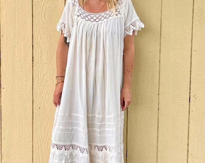 Vintage Mexican Gauze Dress, White Laced Cotton Dress , Balloon Sleeve Dress , Crochet Cotton Dress , White Boho Dress ,